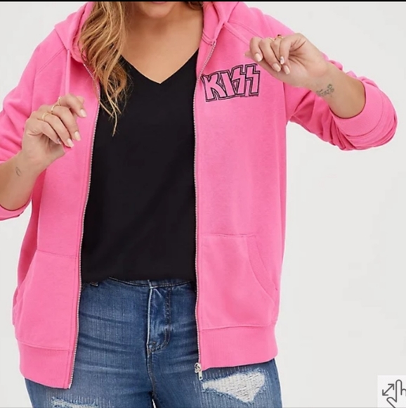 Torrid KISS Vinyl Icons Pink Full Zip Fleece Hoodie 3X NWT - Picture 1 of 4